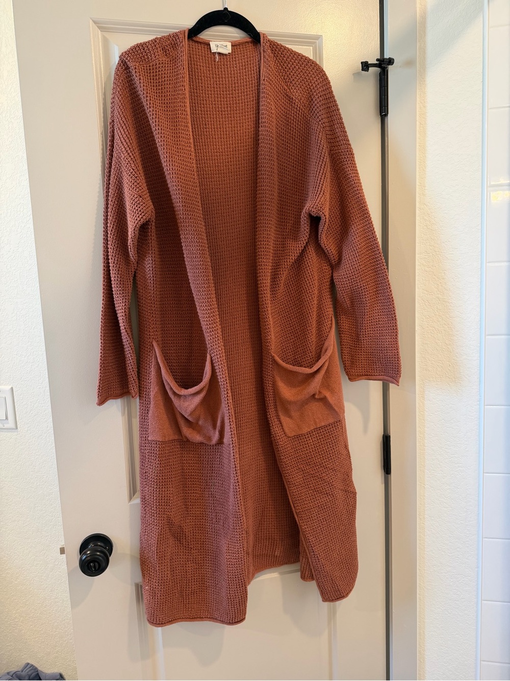 UpWest Long Open-Front Waffle Knit Cardigan - Rust